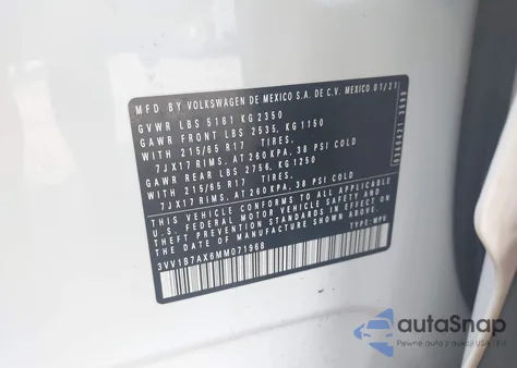 2021 Volkswagen Tiguan 2.0T S z USA, uszkodzony, nr VIN 3VV1B7AX6MM071968